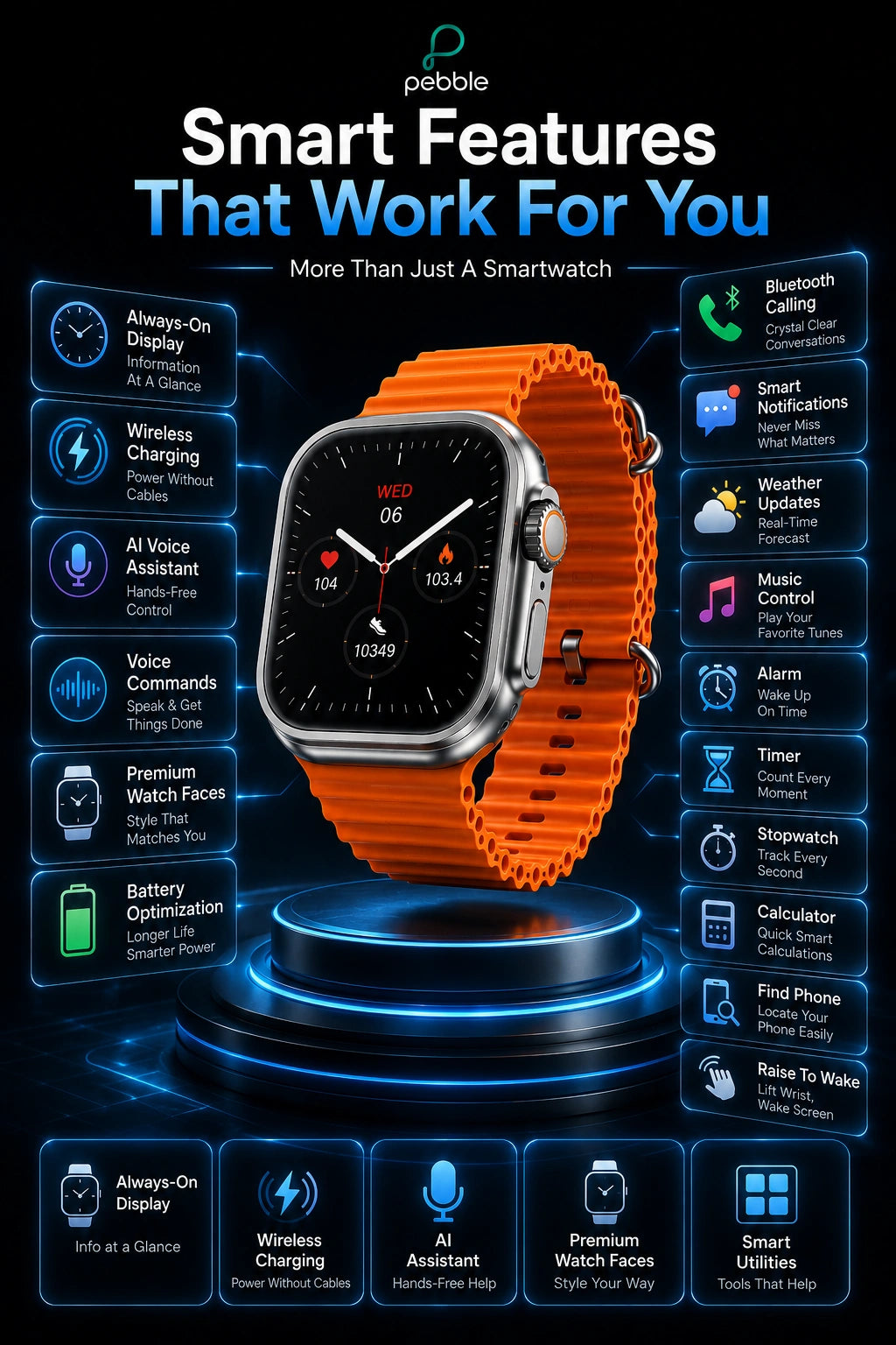 Pebble Cosmos Engage 1.95" HD Bluetooth Calling Smartwatch with Wireless Charging | Orange