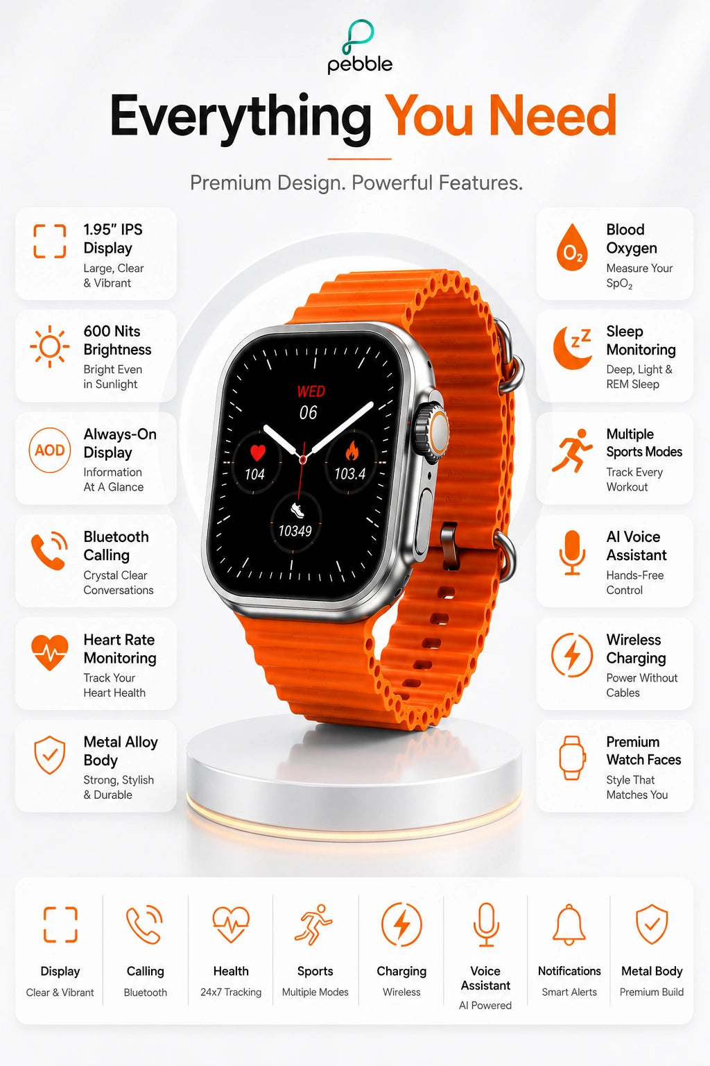 Pebble Cosmos Engage 1.95" HD Bluetooth Calling Smartwatch with Wireless Charging | Orange