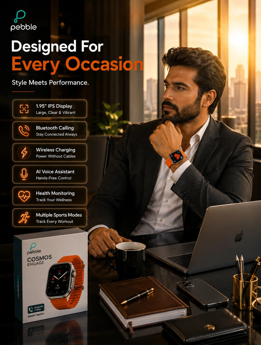 Pebble Cosmos Engage 1.95" HD Bluetooth Calling Smartwatch with Wireless Charging | Orange