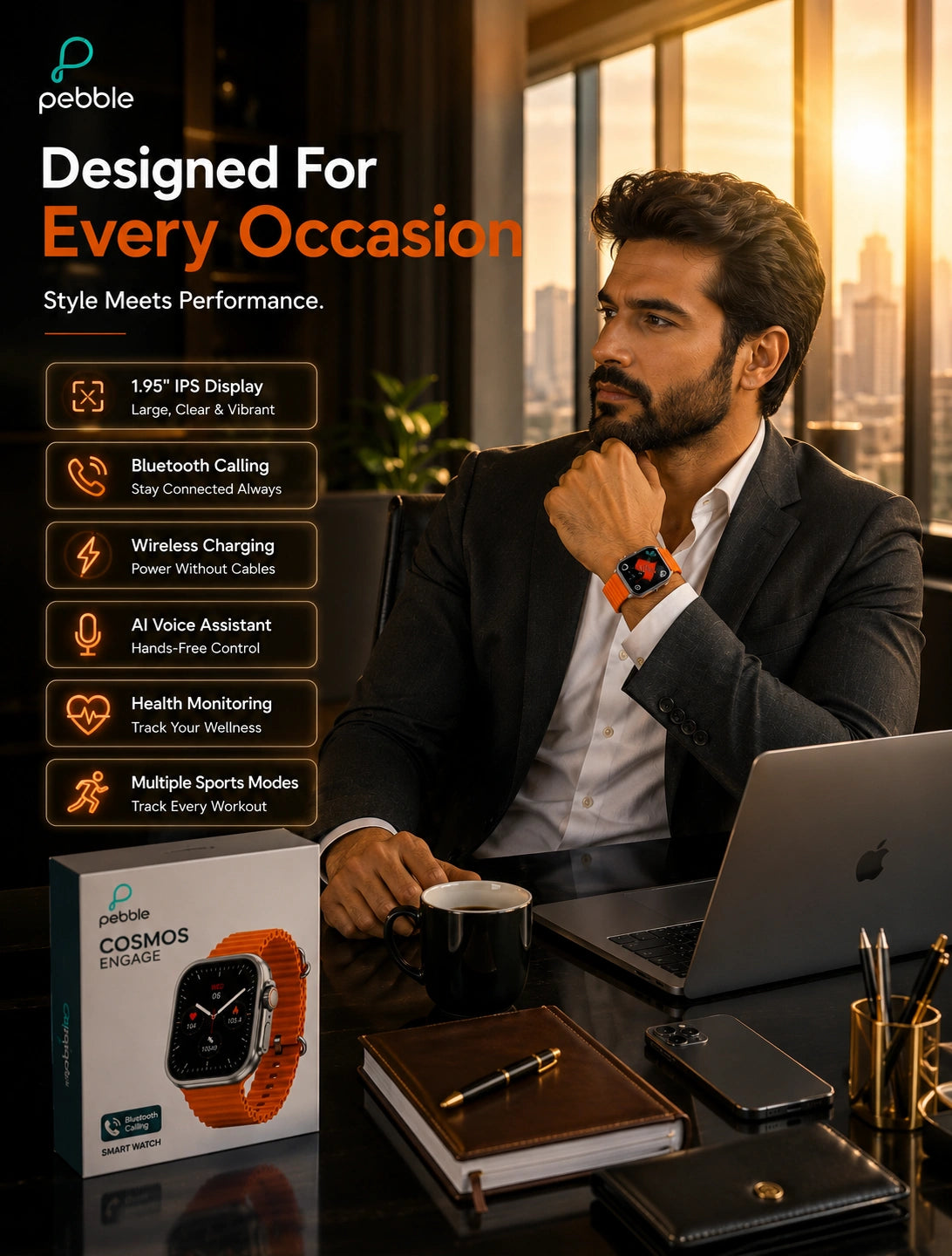Pebble Cosmos Engage 1.95" HD Bluetooth Calling Smartwatch with Wireless Charging | Orange