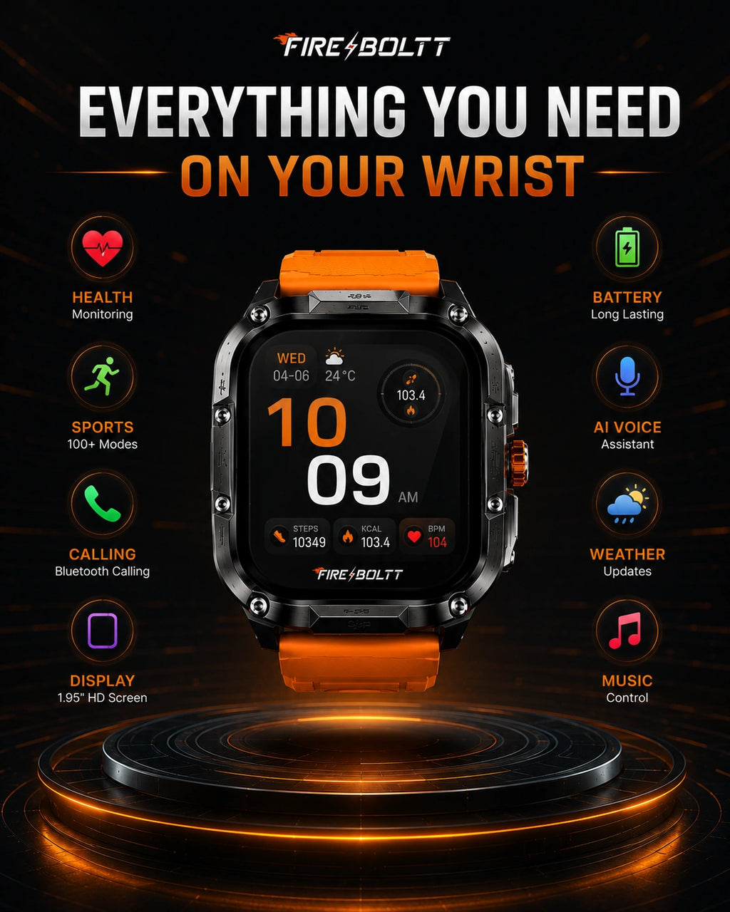 Fire-Boltt Diablo Rugged Bluetooth Calling Smartwatch | HD Display | Orange