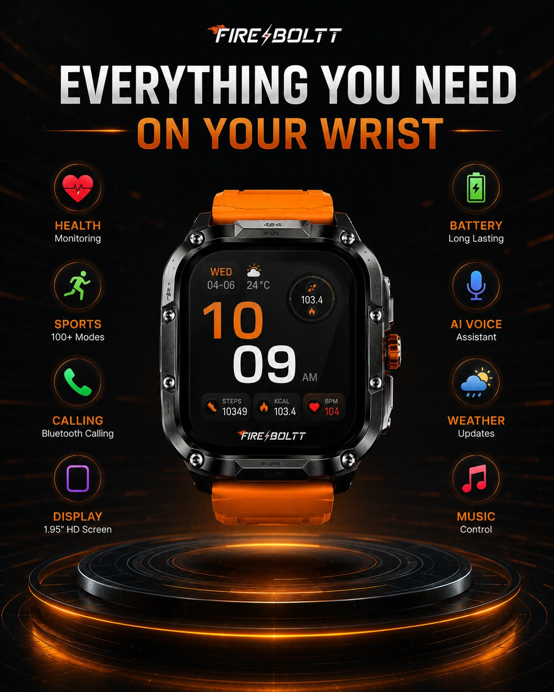 Fire-Boltt Diablo Rugged Bluetooth Calling Smartwatch | HD Display | Orange