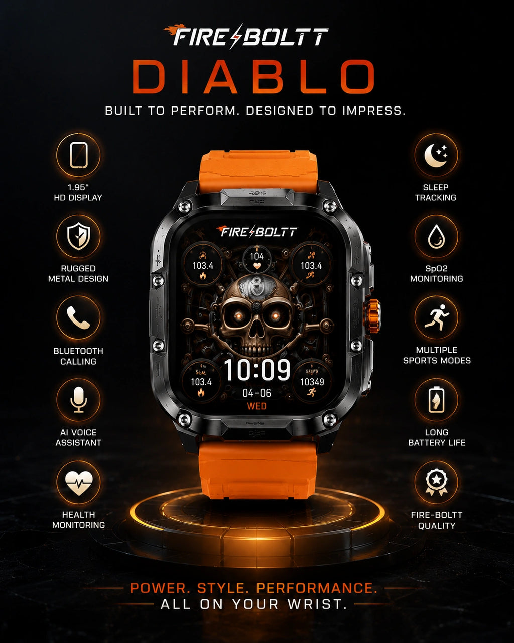 Fire-Boltt Diablo Rugged Bluetooth Calling Smartwatch | HD Display | Orange