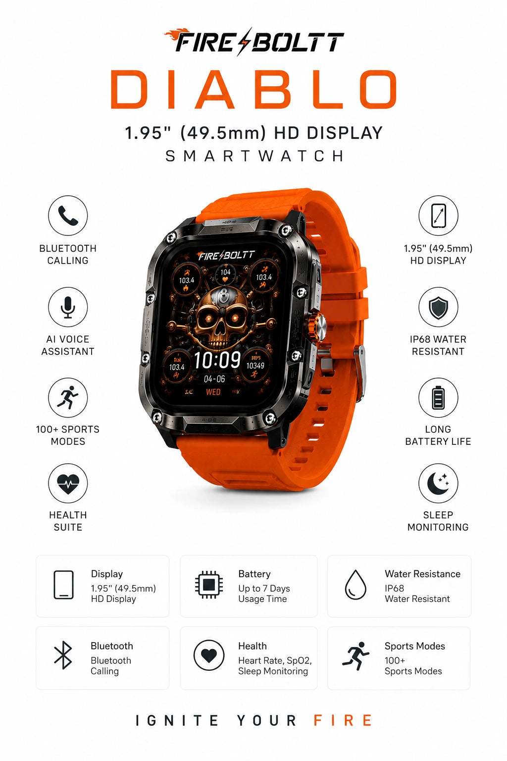 Fire-Boltt Diablo Rugged Bluetooth Calling Smartwatch | HD Display | Orange