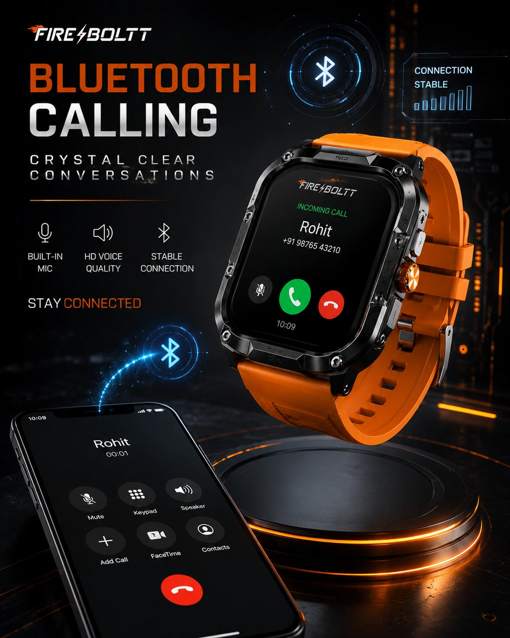 Fire-Boltt Diablo Rugged Bluetooth Calling Smartwatch | HD Display | Orange