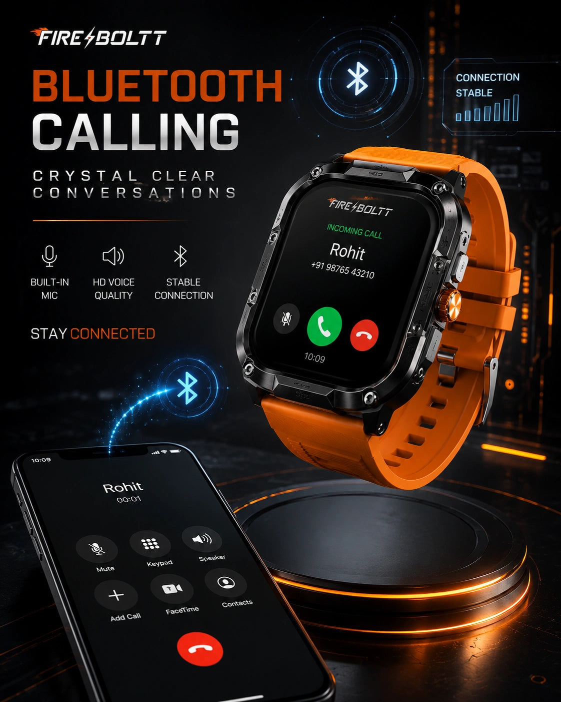 Fire-Boltt Diablo Rugged Bluetooth Calling Smartwatch | HD Display | Orange