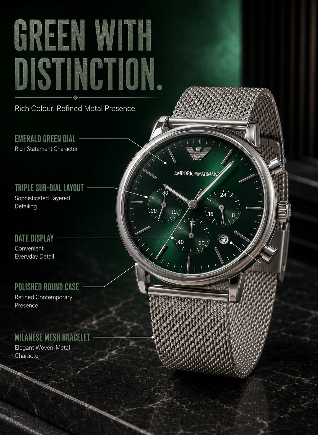 Emporio Armani Emerald Green Multi-Dial Men’s Watch – Silver Milanese Mesh Strap