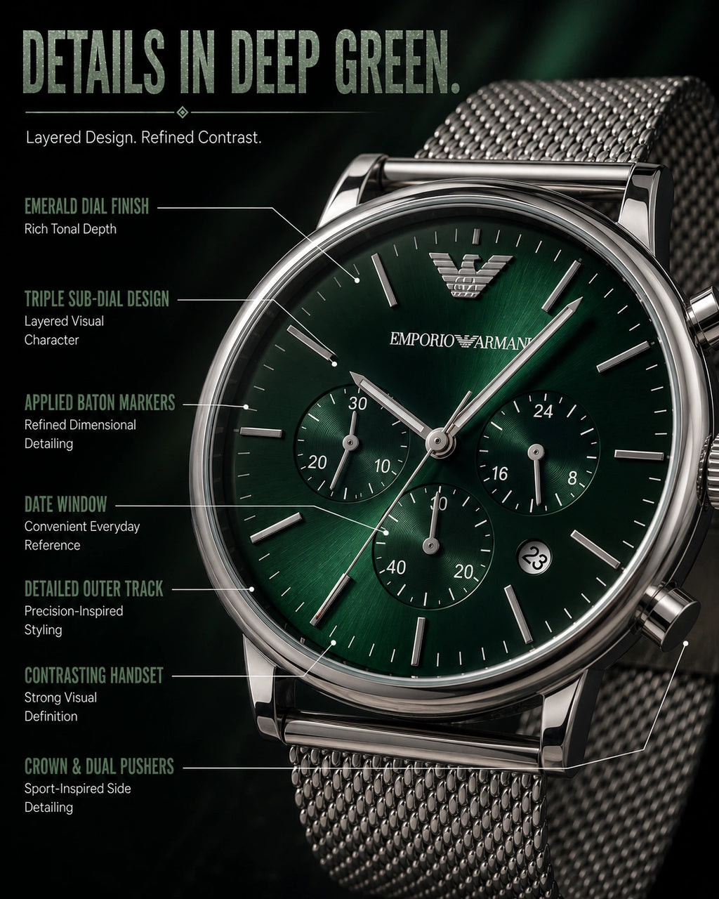 Emporio Armani Emerald Green Multi-Dial Men’s Watch – Silver Milanese Mesh Strap