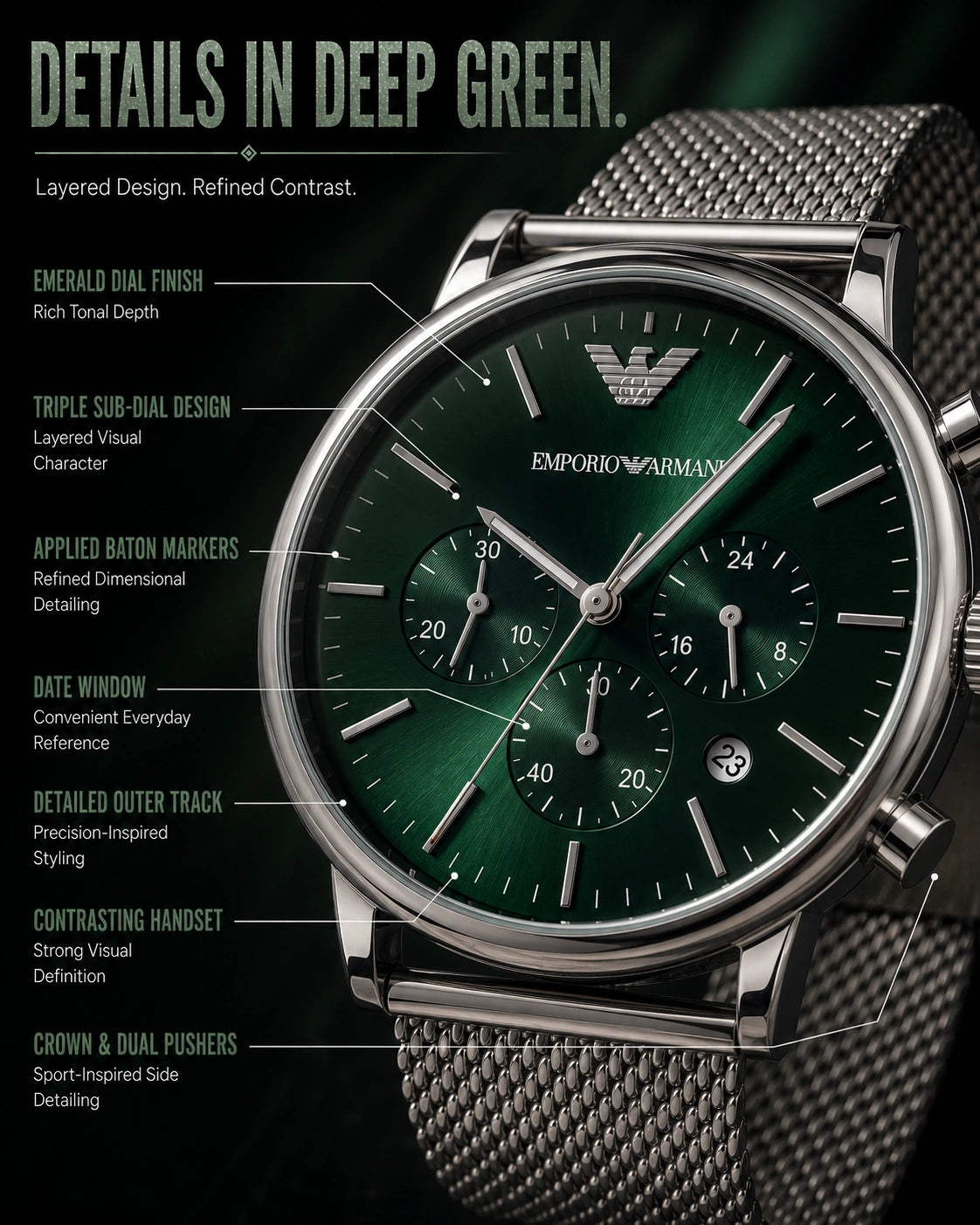 Emporio Armani Emerald Green Multi-Dial Men’s Watch – Silver Milanese Mesh Strap
