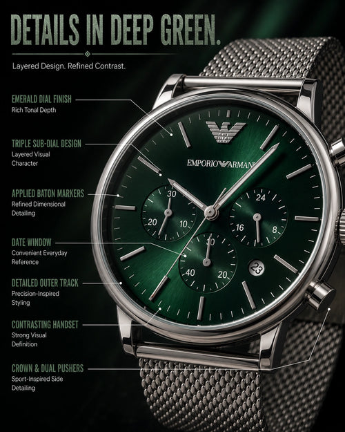 Emporio Armani Emerald Green Multi-Dial Men’s Watch – Silver Milanese Mesh Strap