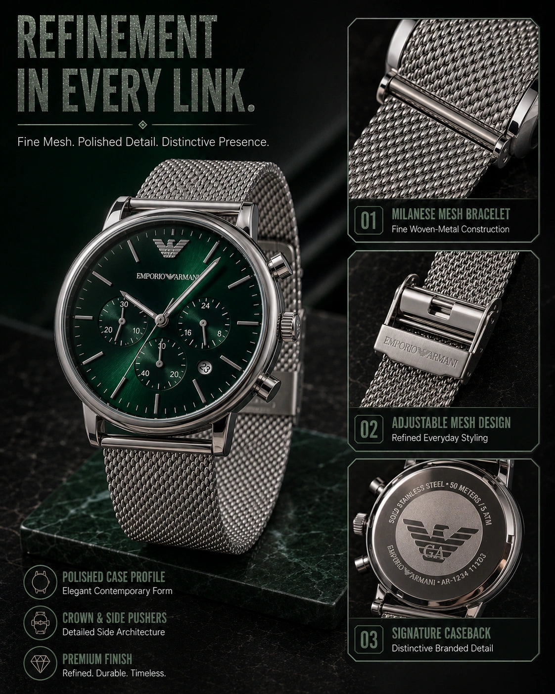 Emporio Armani Emerald Green Multi-Dial Men’s Watch – Silver Milanese Mesh Strap