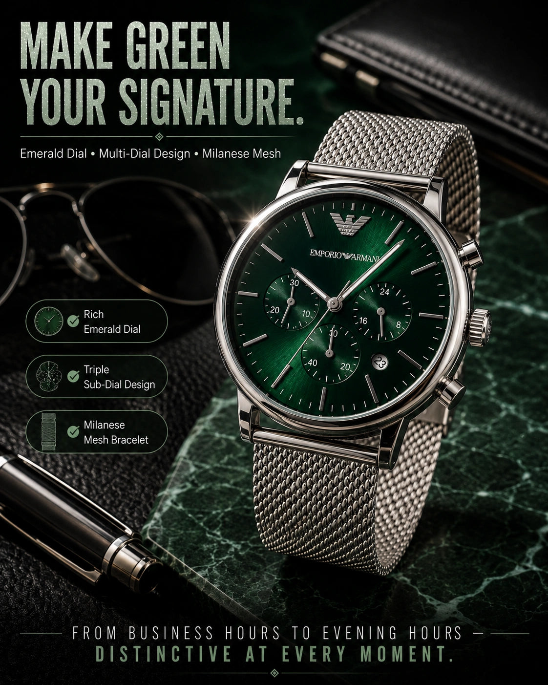 Emporio Armani Emerald Green Multi-Dial Men’s Watch – Silver Milanese Mesh Strap
