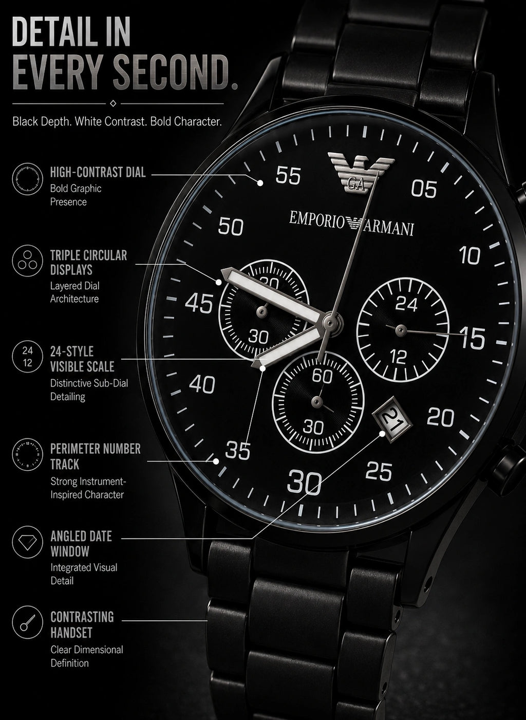 Emporio Armani Midnight Black Multi-Dial Men’s Watch – Black Metal Bracelet