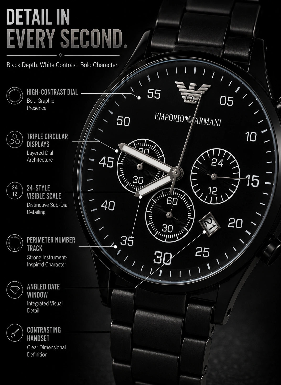 Emporio Armani Midnight Black Multi-Dial Men’s Watch – Black Metal Bracelet