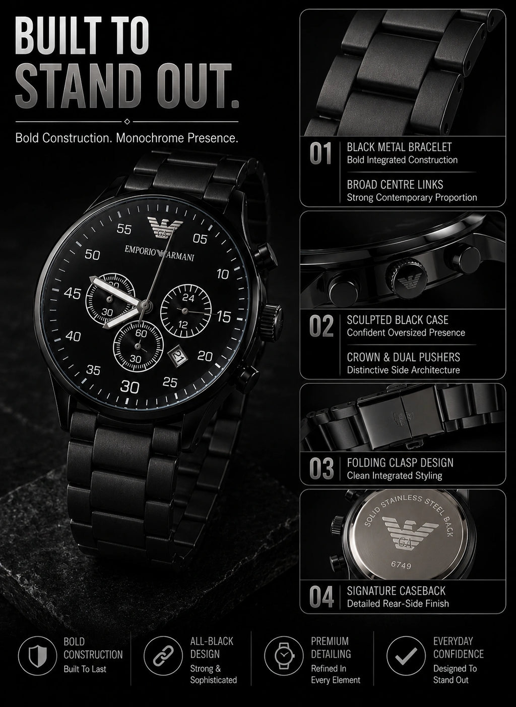 Emporio Armani Midnight Black Multi-Dial Men’s Watch – Black Metal Bracelet