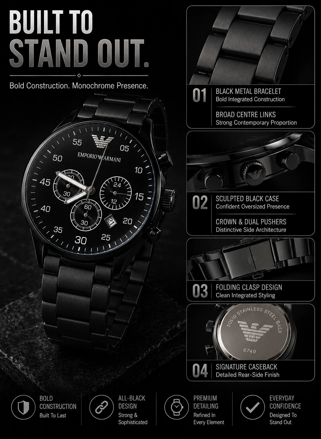 Emporio Armani Midnight Black Multi-Dial Men’s Watch – Black Metal Bracelet