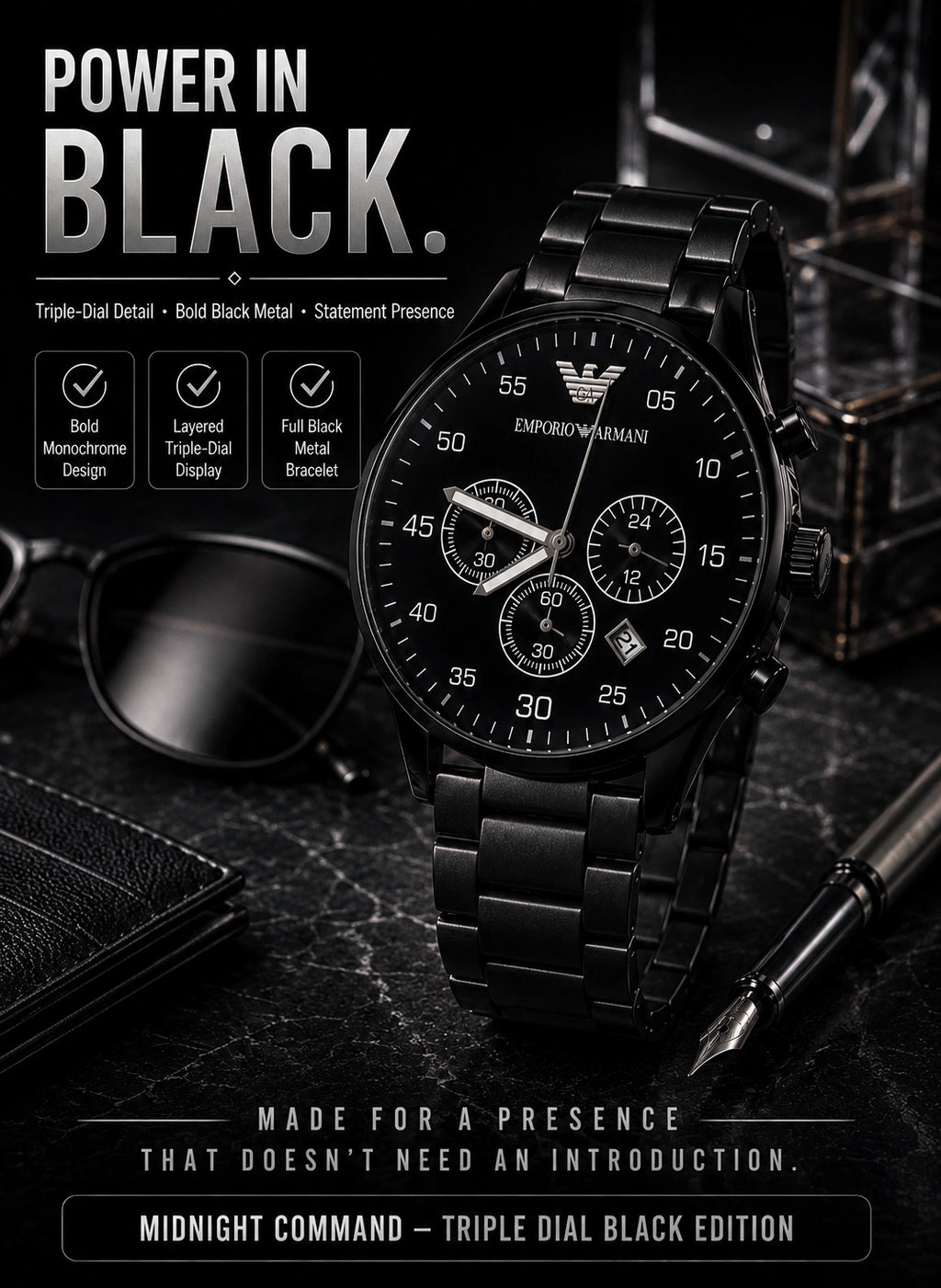 Emporio Armani Midnight Black Multi-Dial Men’s Watch – Black Metal Bracelet