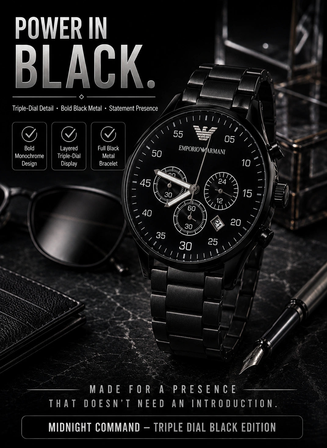 Emporio Armani Midnight Black Multi-Dial Men’s Watch – Black Metal Bracelet