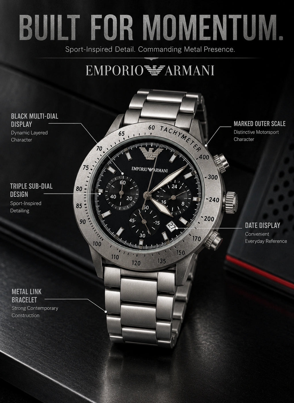 Emporio Armani Silver Velocity Black Dial Multi-Dial Men’s Watch – Metal Bracelet