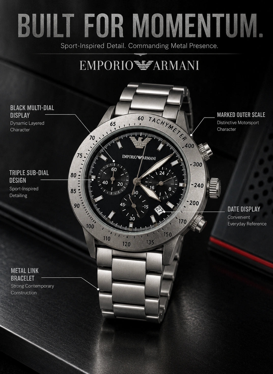 Emporio Armani Silver Velocity Black Dial Multi-Dial Men’s Watch – Metal Bracelet