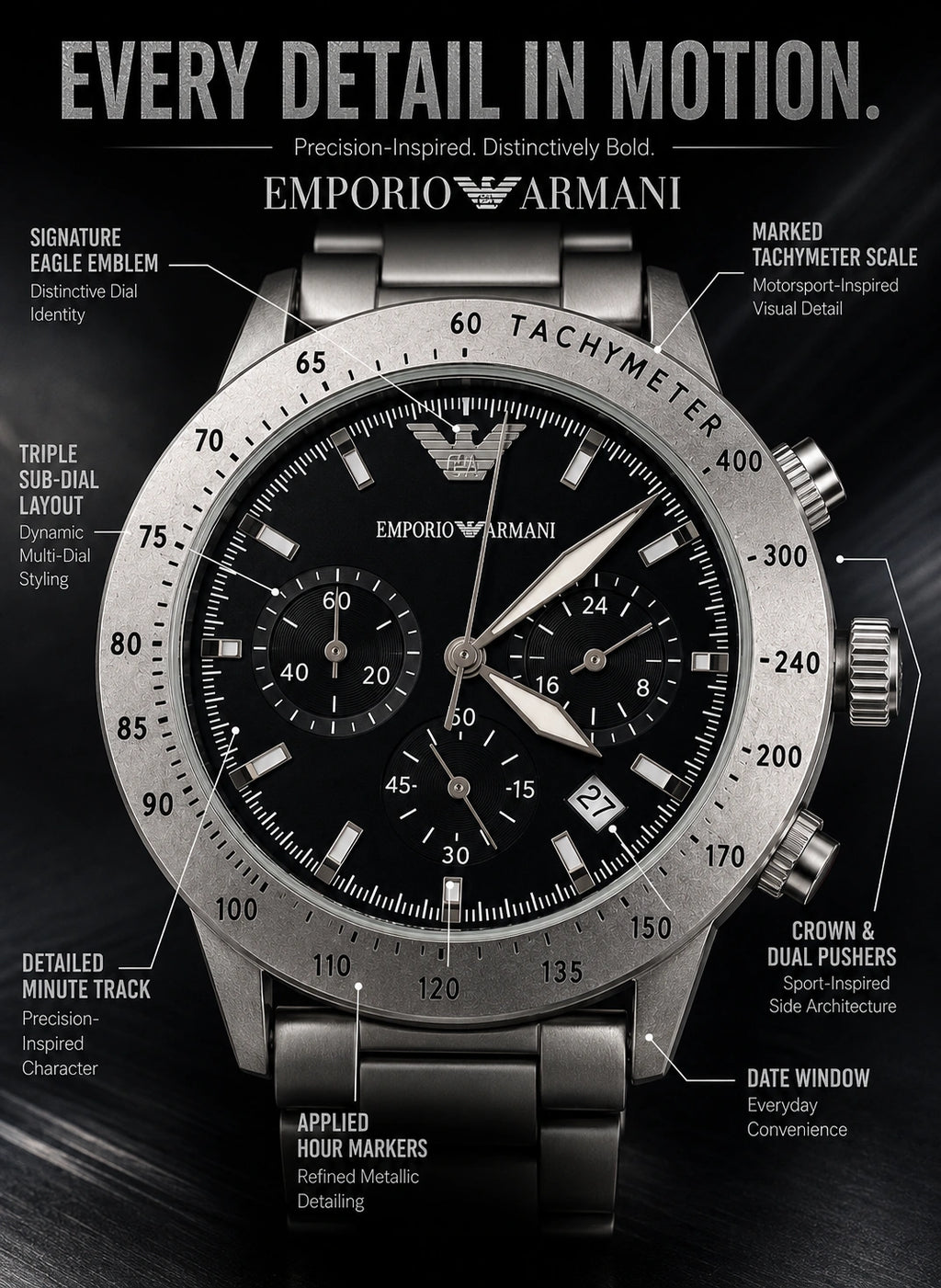 Emporio Armani Silver Velocity Black Dial Multi-Dial Men’s Watch – Metal Bracelet