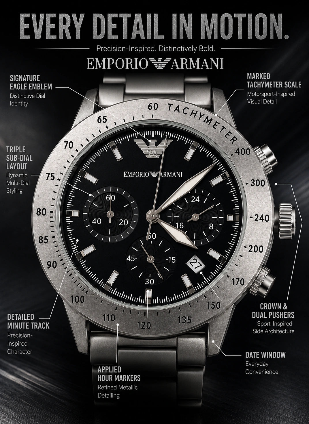 Emporio Armani Silver Velocity Black Dial Multi-Dial Men’s Watch – Metal Bracelet