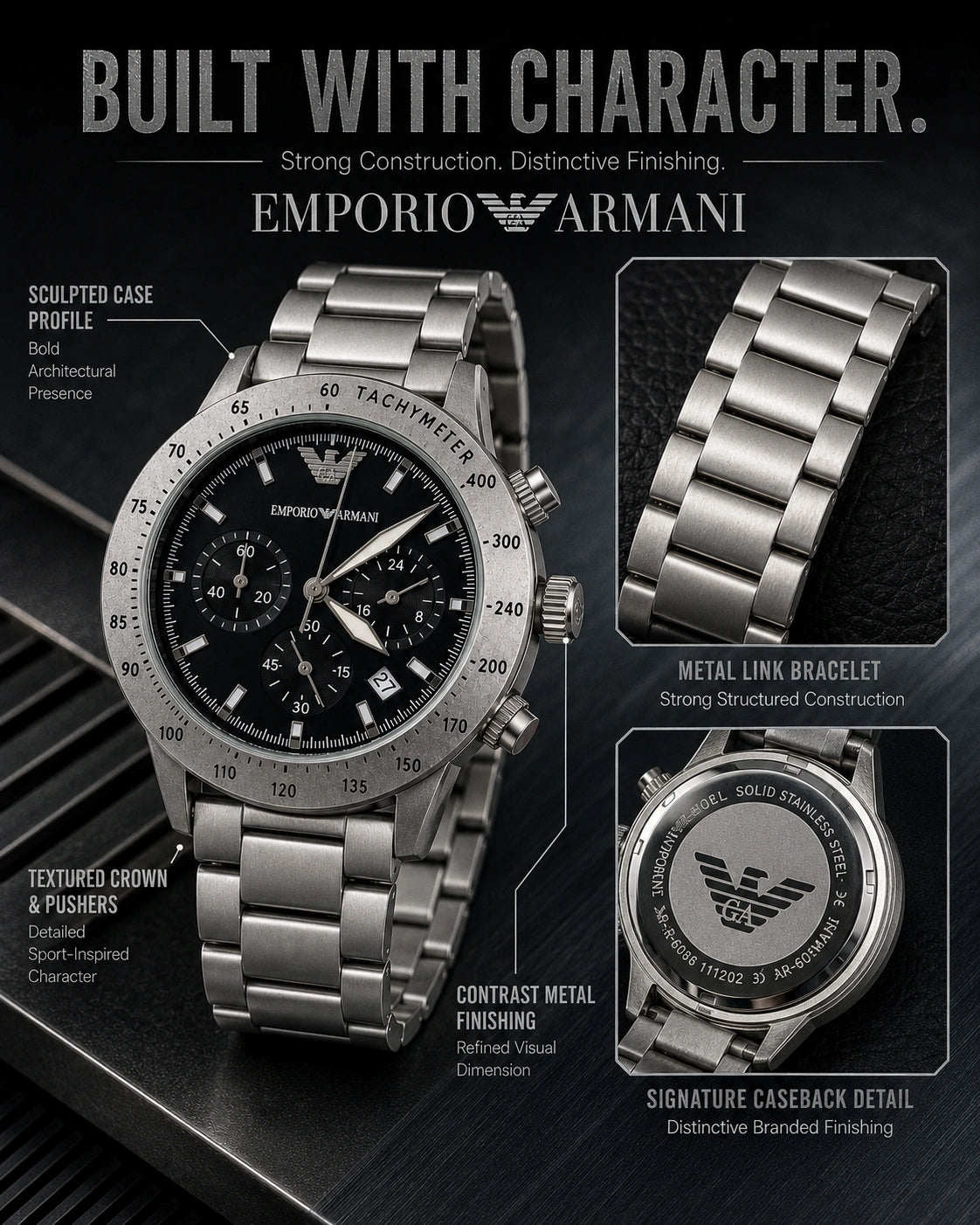 Emporio Armani Silver Velocity Black Dial Multi-Dial Men’s Watch – Metal Bracelet