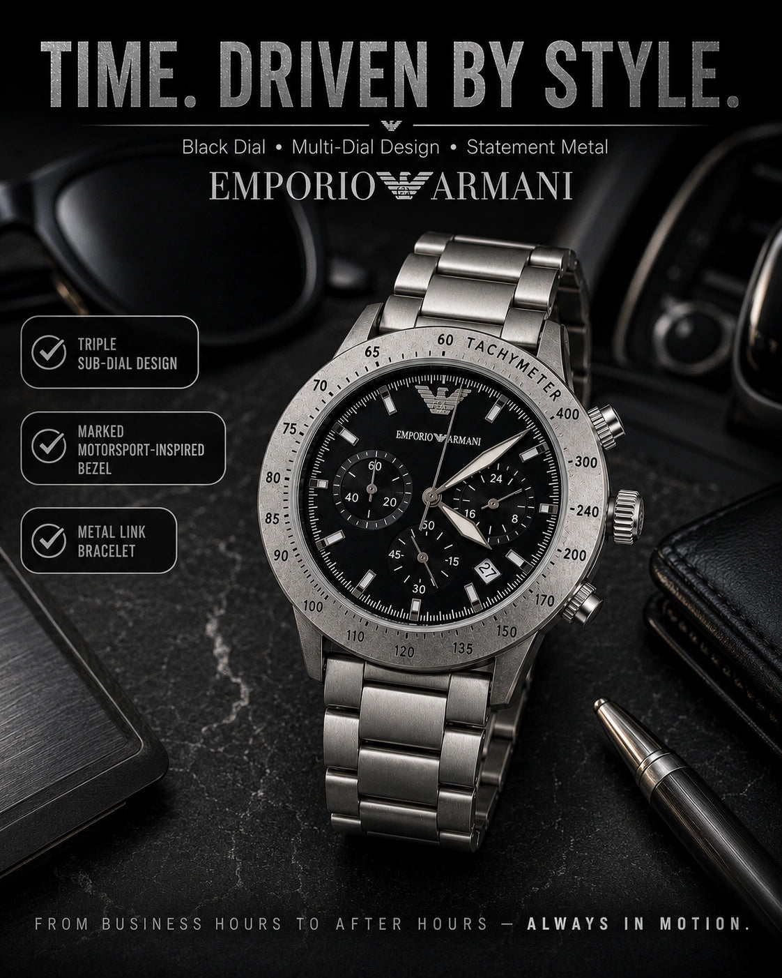 Emporio Armani Silver Velocity Black Dial Multi-Dial Men’s Watch – Metal Bracelet