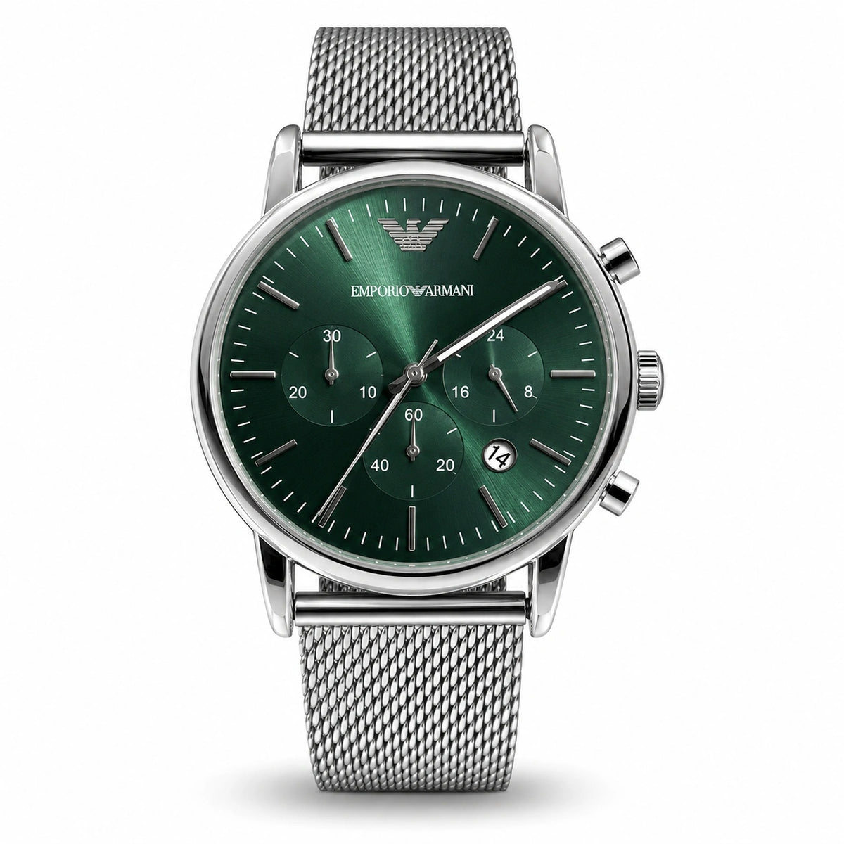 Emporio Armani Emerald Green Multi-Dial Men’s Watch – Silver Milanese Mesh Strap