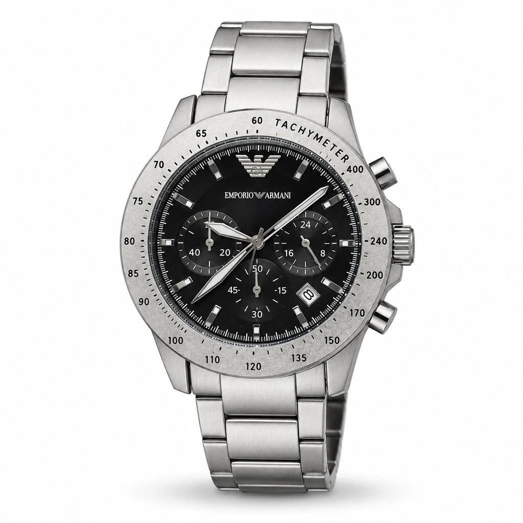 Emporio Armani Silver Velocity Black Dial Multi-Dial Men’s Watch – Metal Bracelet