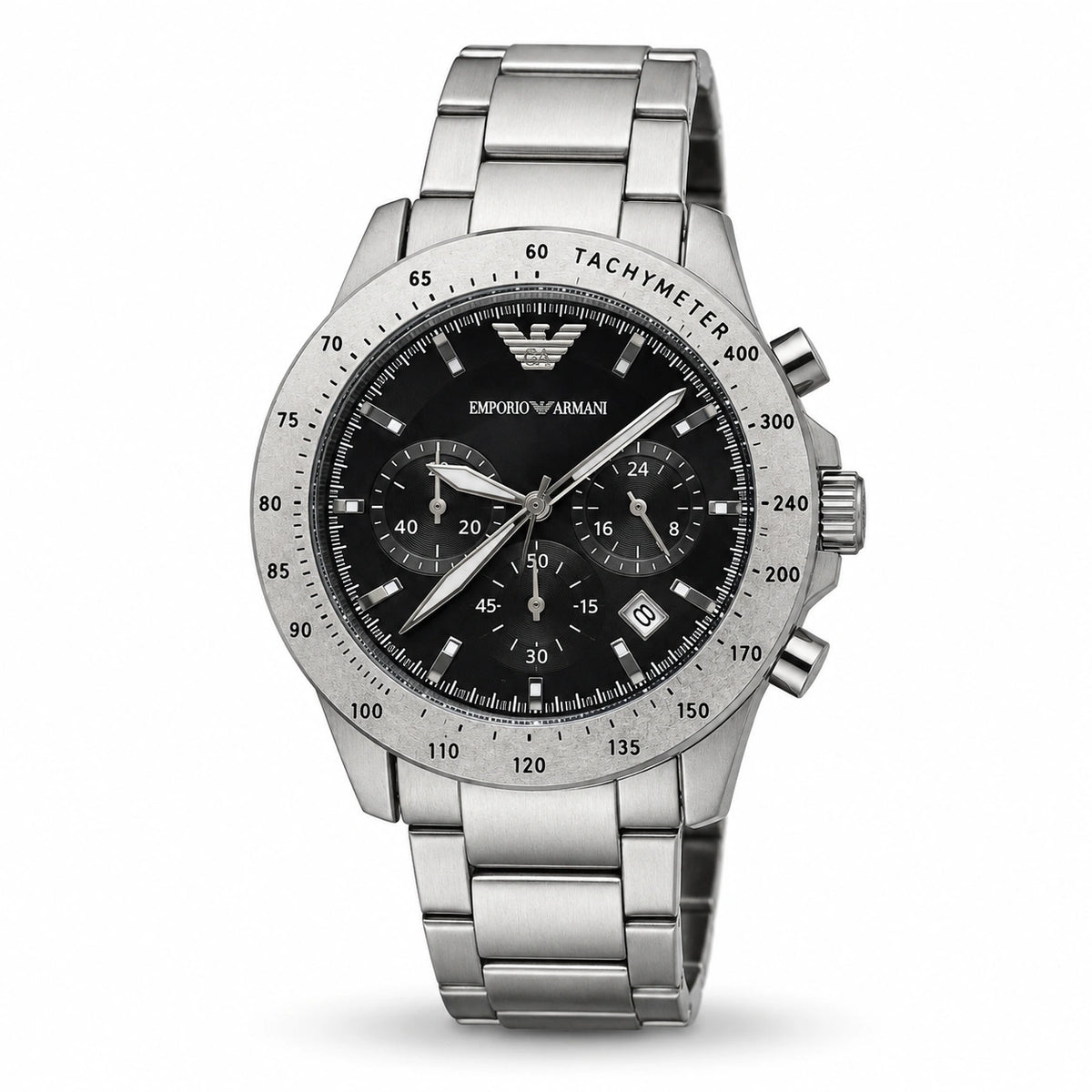 Emporio Armani Silver Velocity Black Dial Multi-Dial Men’s Watch – Metal Bracelet
