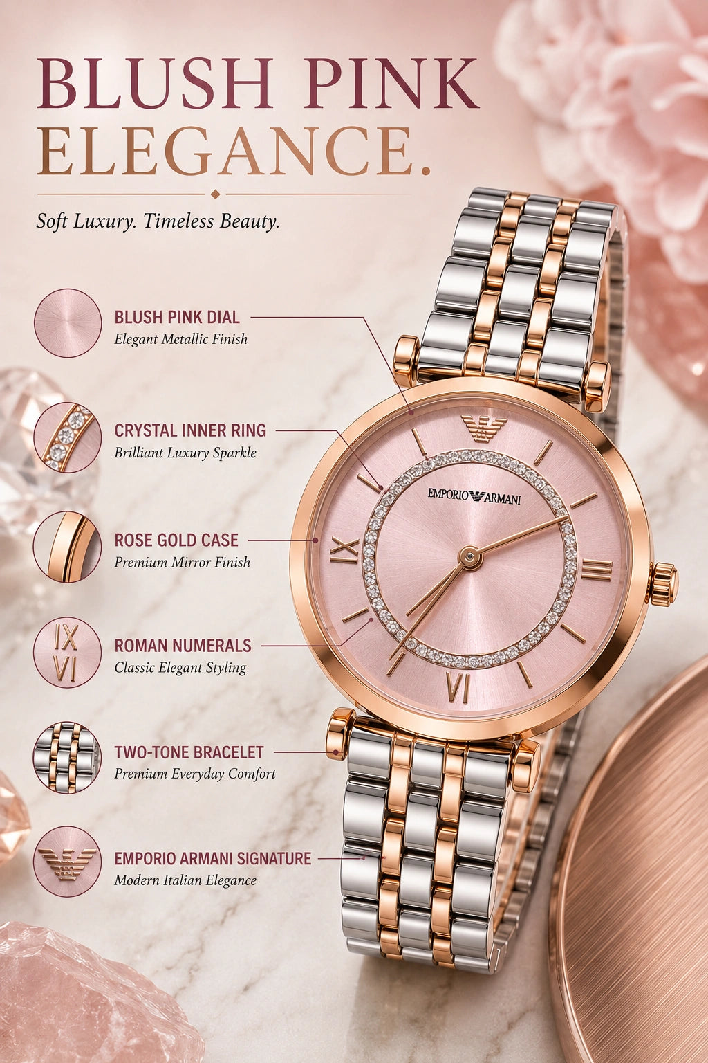 Emporio Armani Blush Pink Luxury Women's Watch | Rose Gold Two-Tone Bracelet | Crystal Dial | Premium Analog Watch