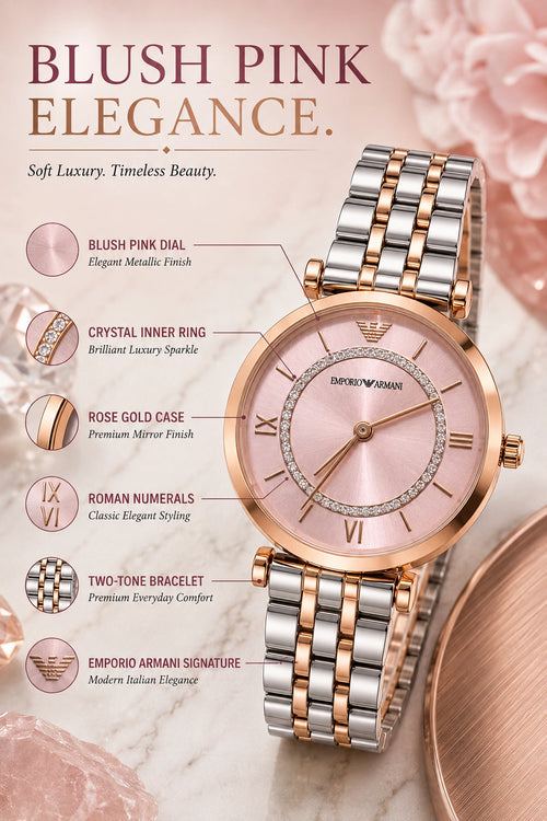 Emporio Armani Blush Pink Luxury Women's Watch | Rose Gold Two-Tone Bracelet | Crystal Dial | Premium Analog Watch