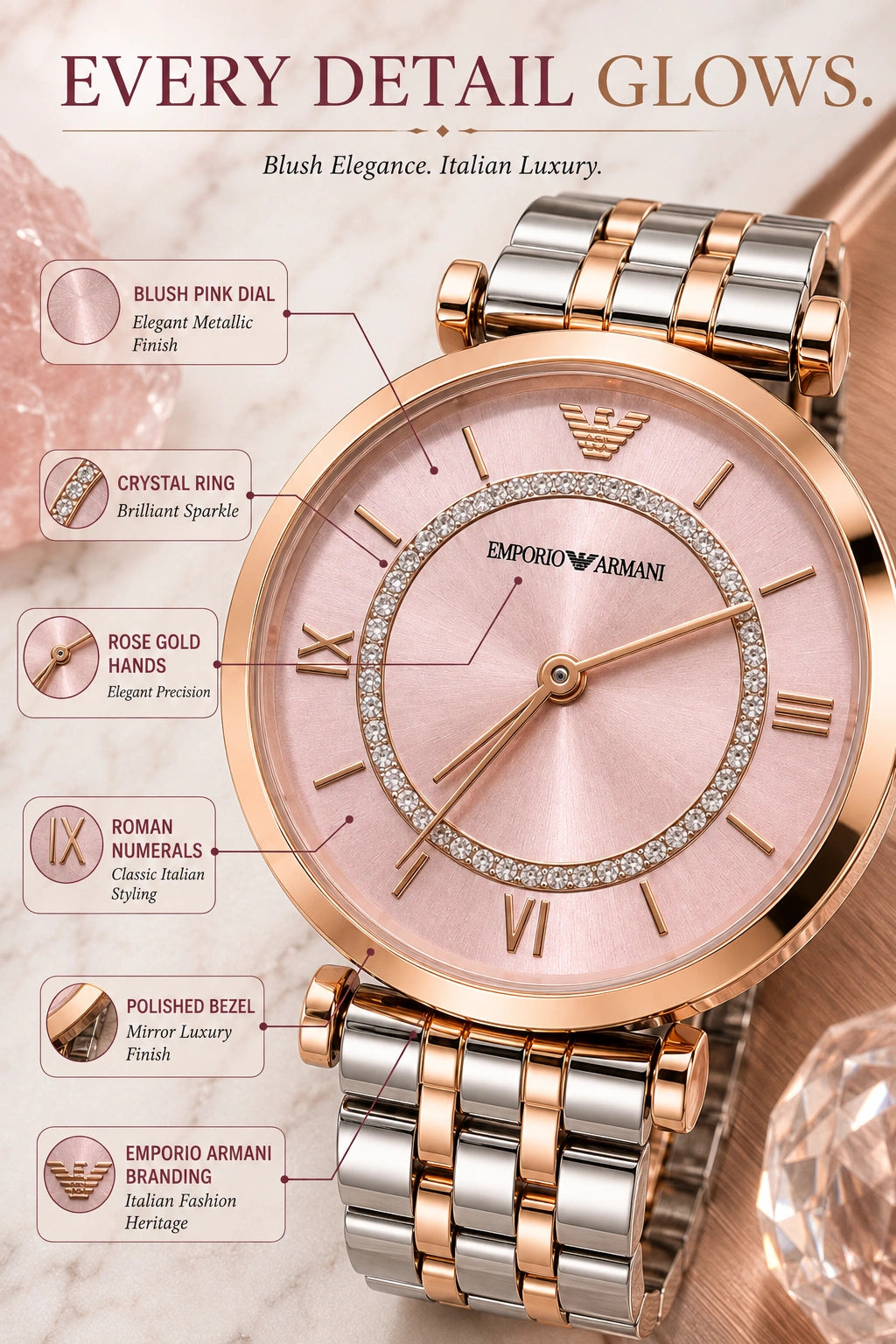 Emporio Armani Blush Pink Luxury Women's Watch | Rose Gold Two-Tone Bracelet | Crystal Dial | Premium Analog Watch