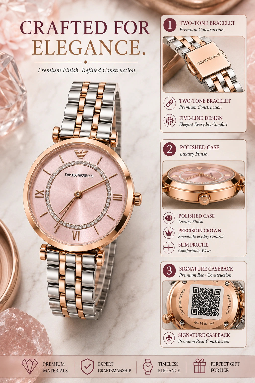 Emporio Armani Blush Pink Luxury Women's Watch | Rose Gold Two-Tone Bracelet | Crystal Dial | Premium Analog Watch