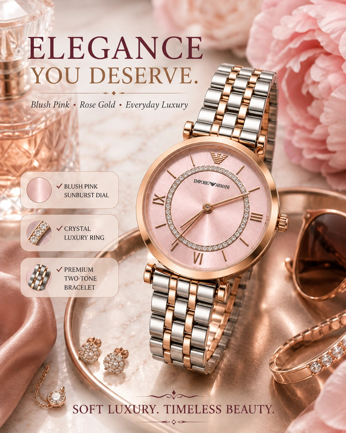 Emporio Armani Blush Pink Luxury Women's Watch | Rose Gold Two-Tone Bracelet | Crystal Dial | Premium Analog Watch