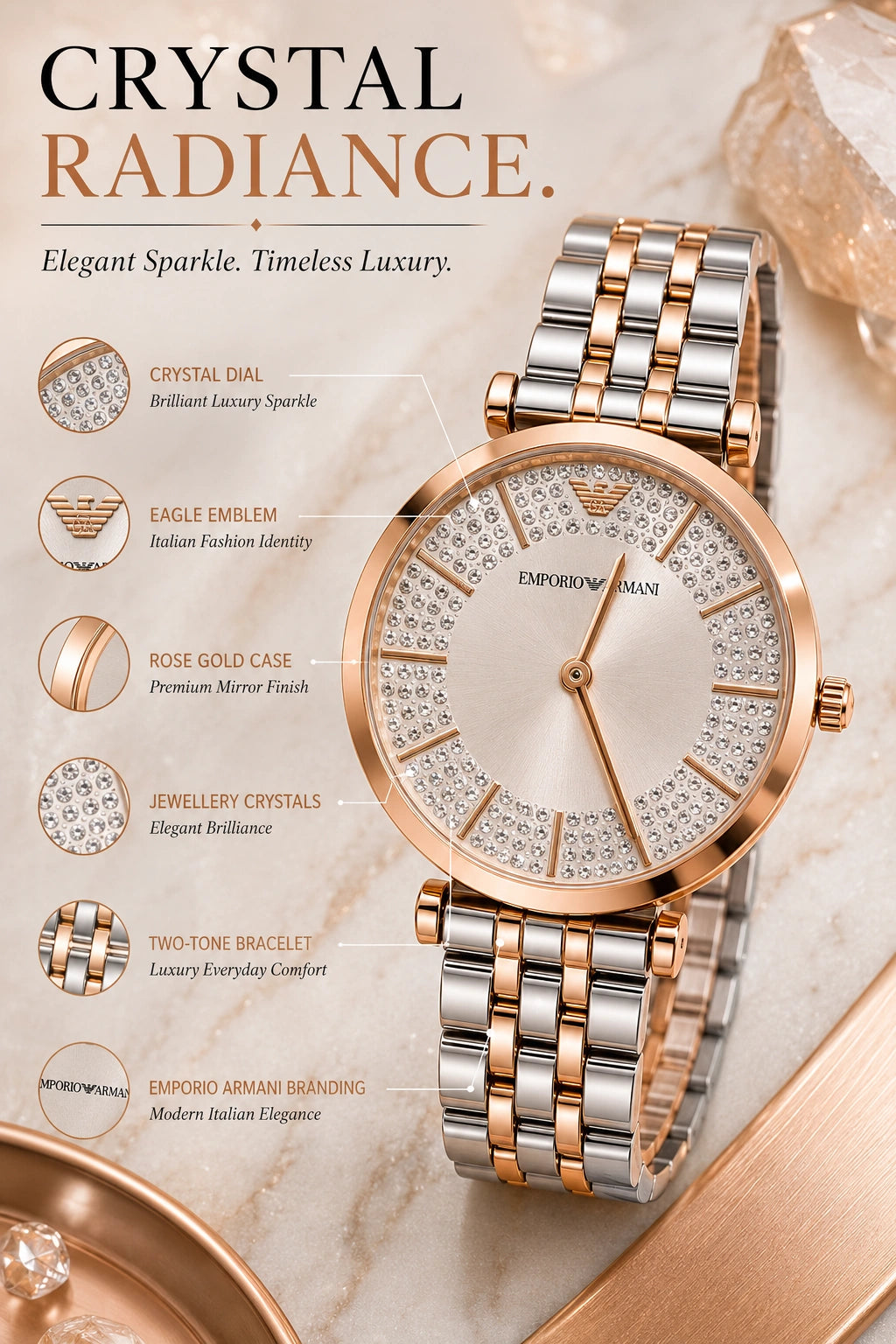 Emporio Armani Crystal Luxe Women's Watch | Rose Gold Two-Tone Bracelet | Crystal Dial | Premium Analog Watch