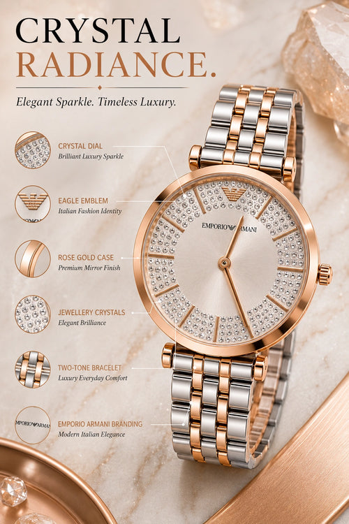 Emporio Armani Crystal Luxe Women's Watch | Rose Gold Two-Tone Bracelet | Crystal Dial | Premium Analog Watch