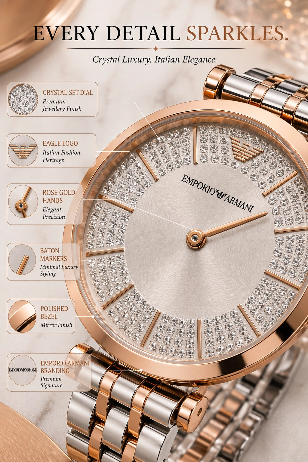 Emporio Armani Crystal Luxe Women's Watch | Rose Gold Two-Tone Bracelet | Crystal Dial | Premium Analog Watch