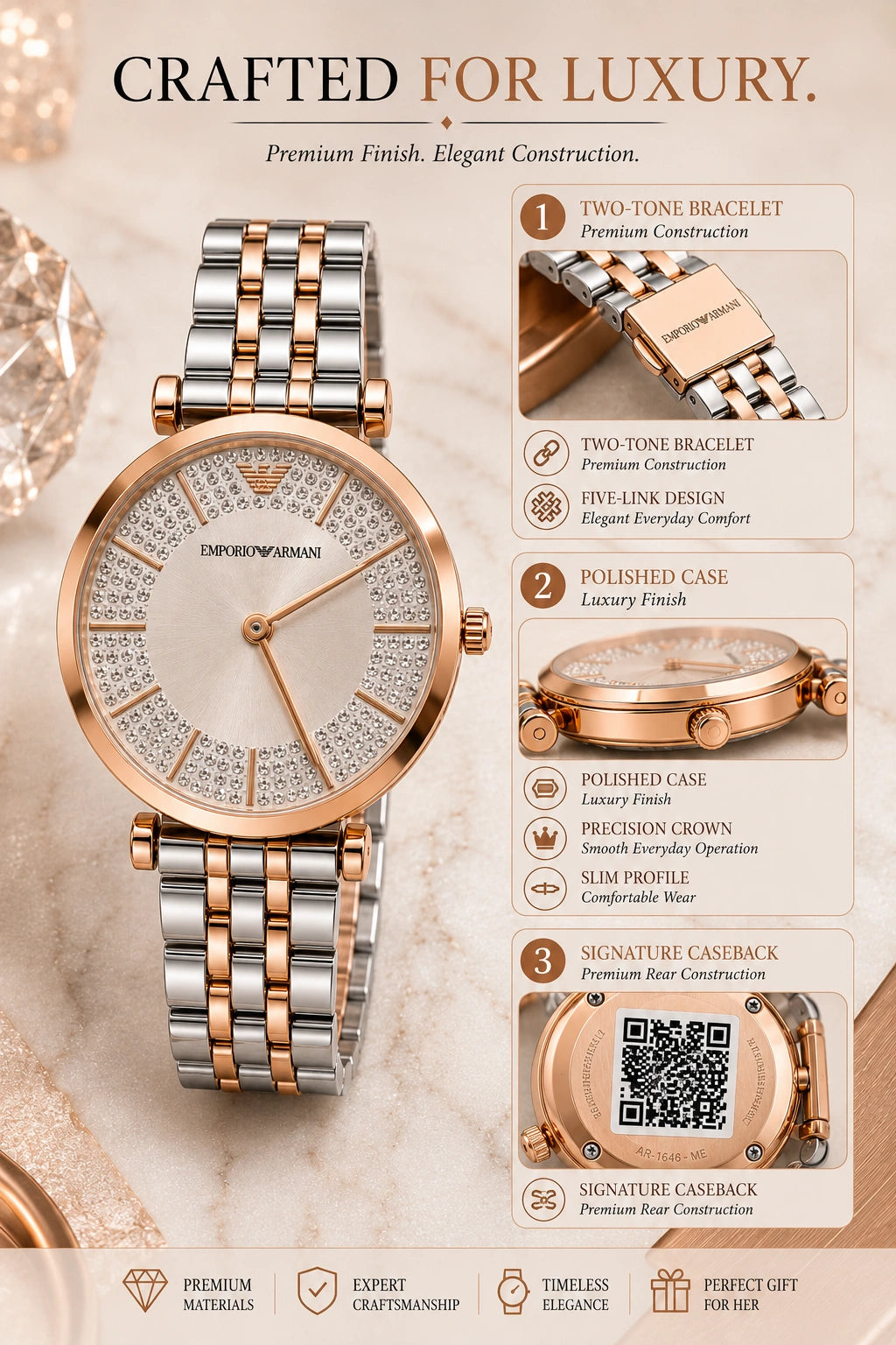 Emporio Armani Crystal Luxe Women's Watch | Rose Gold Two-Tone Bracelet | Crystal Dial | Premium Analog Watch