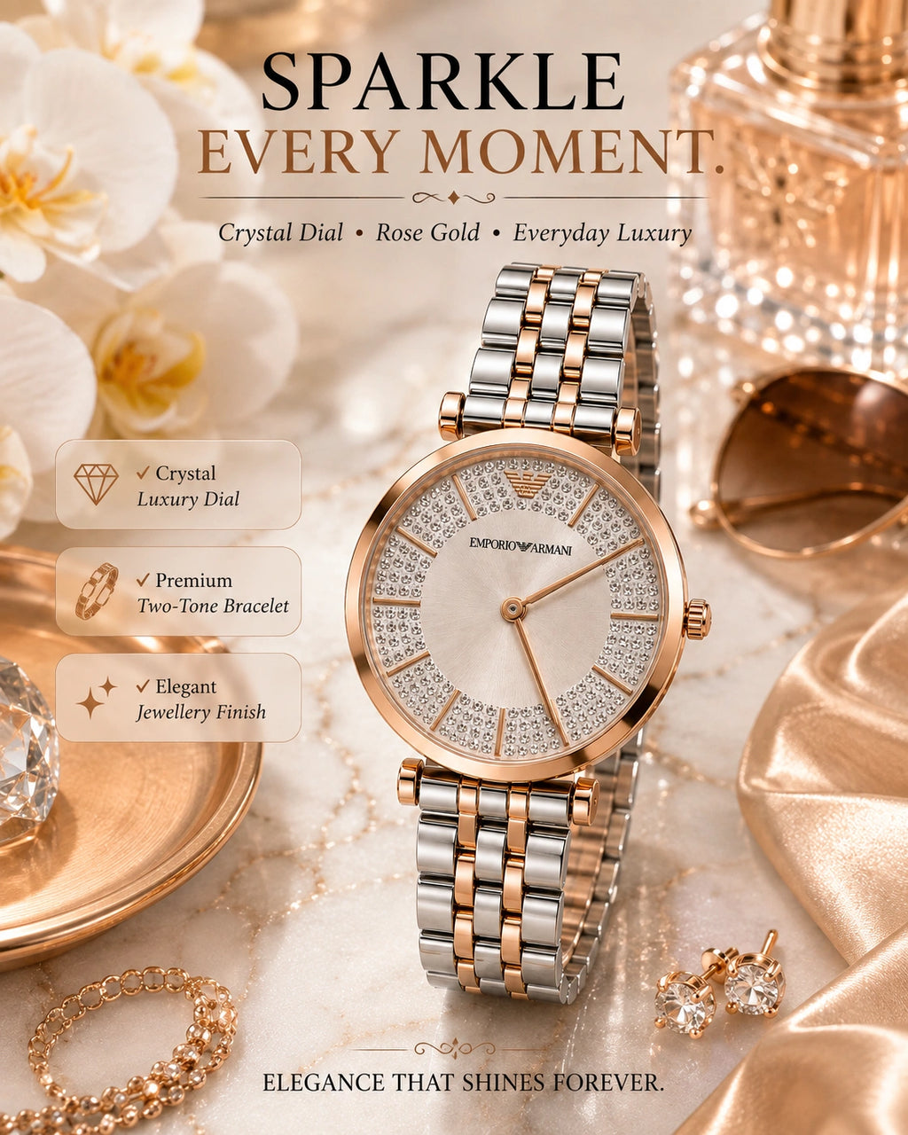 Emporio Armani Crystal Luxe Women's Watch | Rose Gold Two-Tone Bracelet | Crystal Dial | Premium Analog Watch