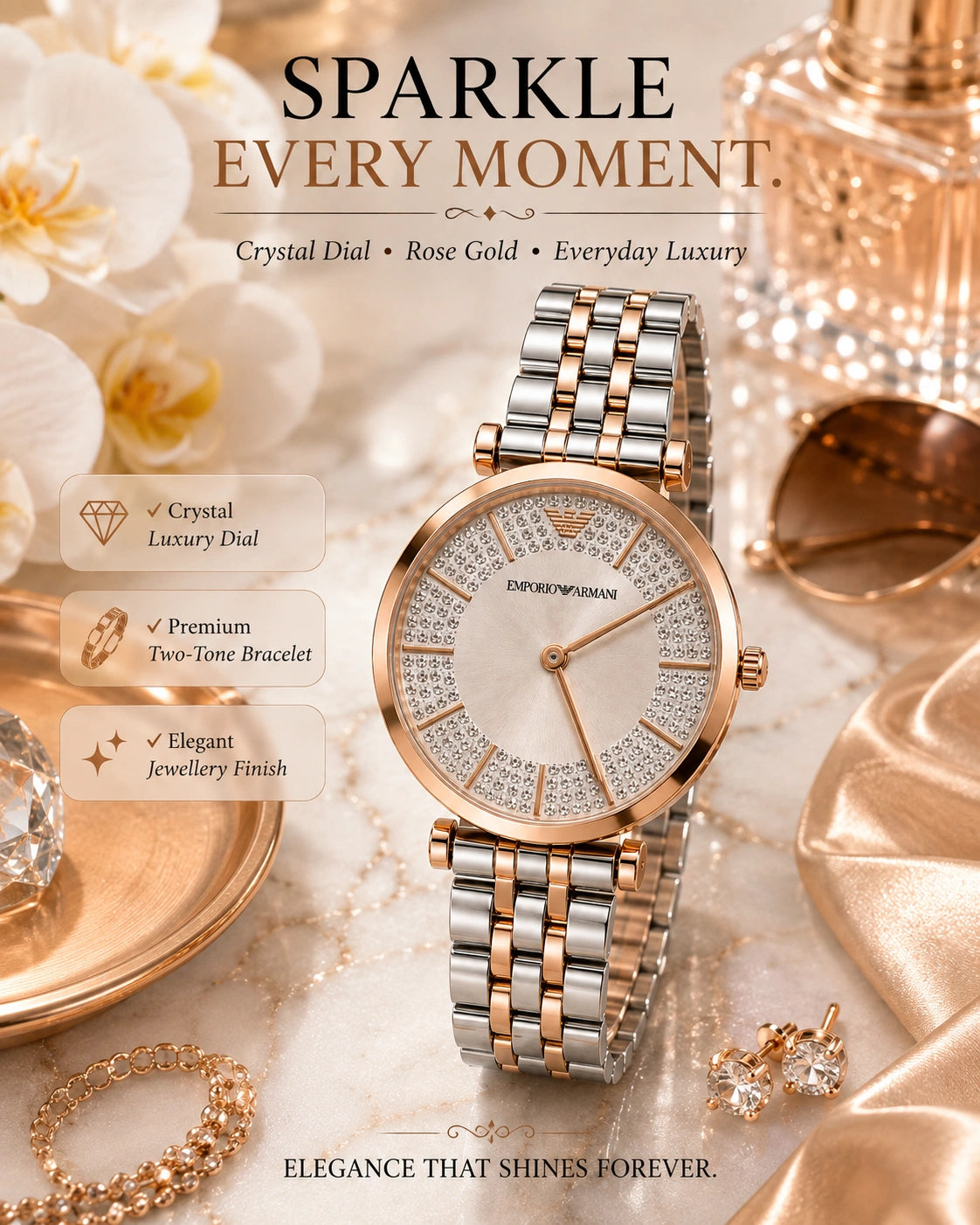 Emporio Armani Crystal Luxe Women's Watch | Rose Gold Two-Tone Bracelet | Crystal Dial | Premium Analog Watch