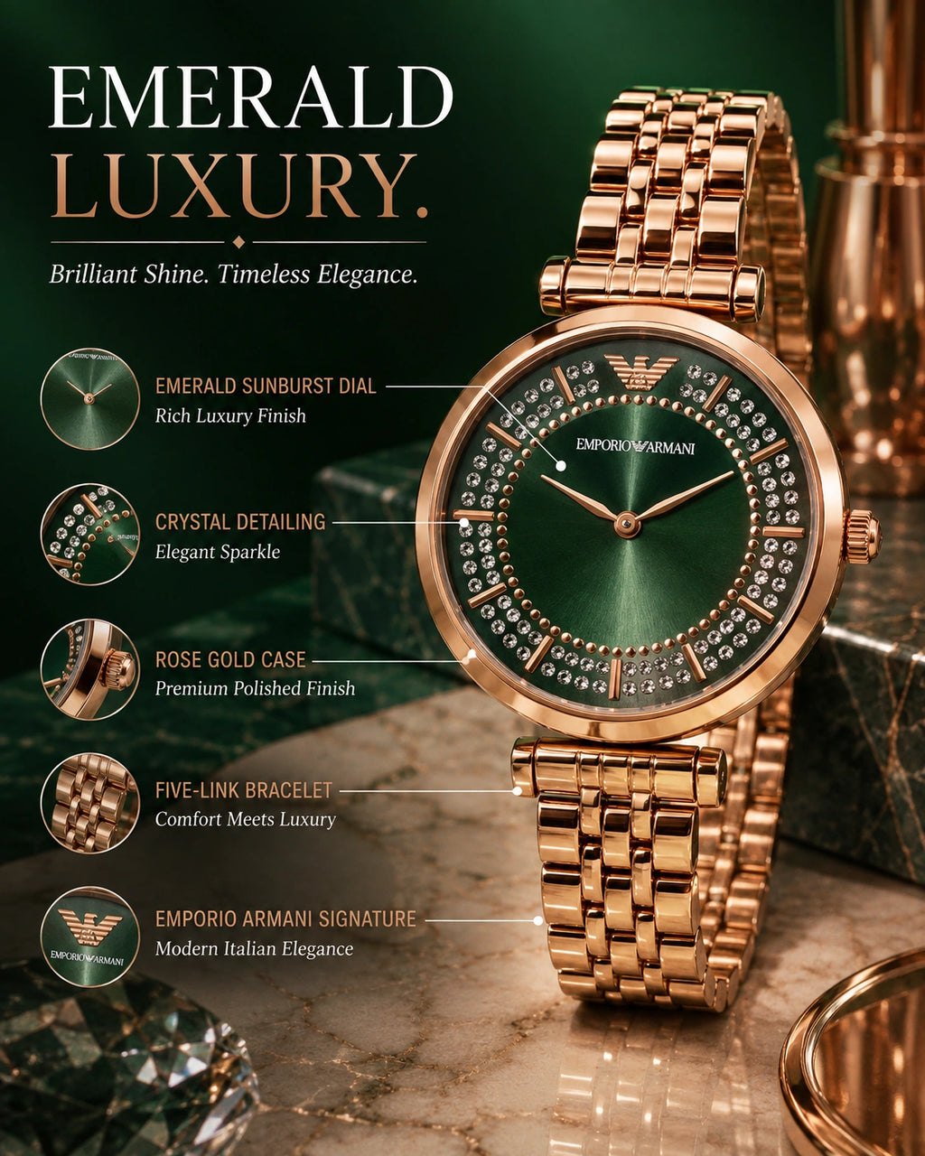 Emporio Armani Emerald Luxe Women's Watch | Rose Gold Crystal Analog Watch | Premium Bracelet Watch