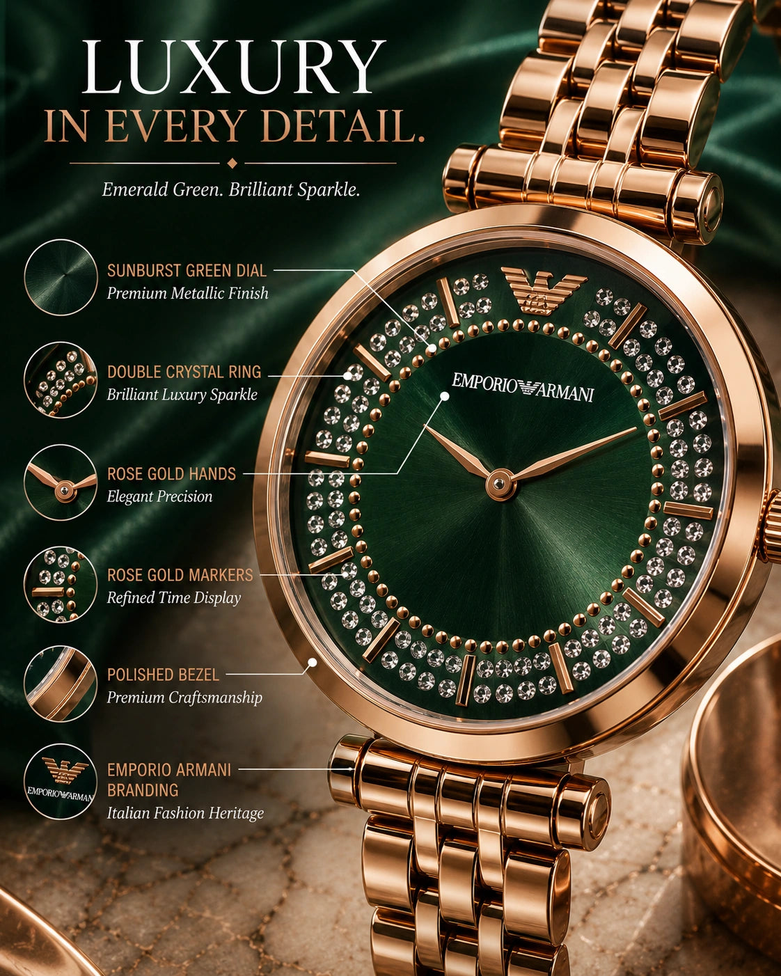 Emporio Armani Emerald Luxe Women's Watch | Rose Gold Crystal Analog Watch | Premium Bracelet Watch
