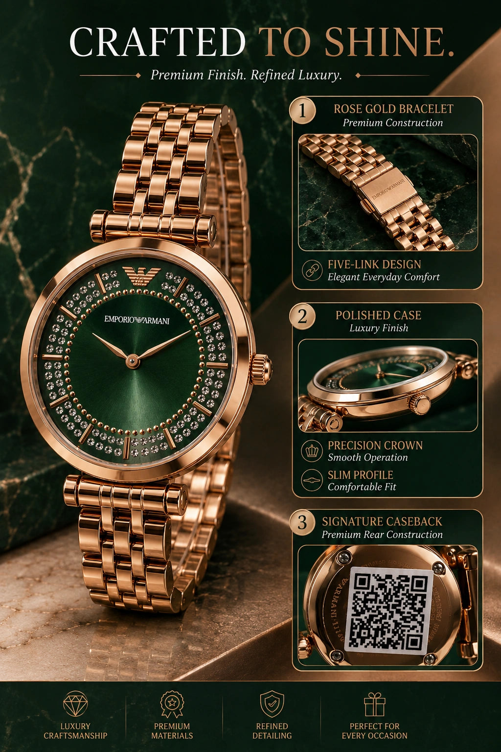 Emporio Armani Emerald Luxe Women's Watch | Rose Gold Crystal Analog Watch | Premium Bracelet Watch