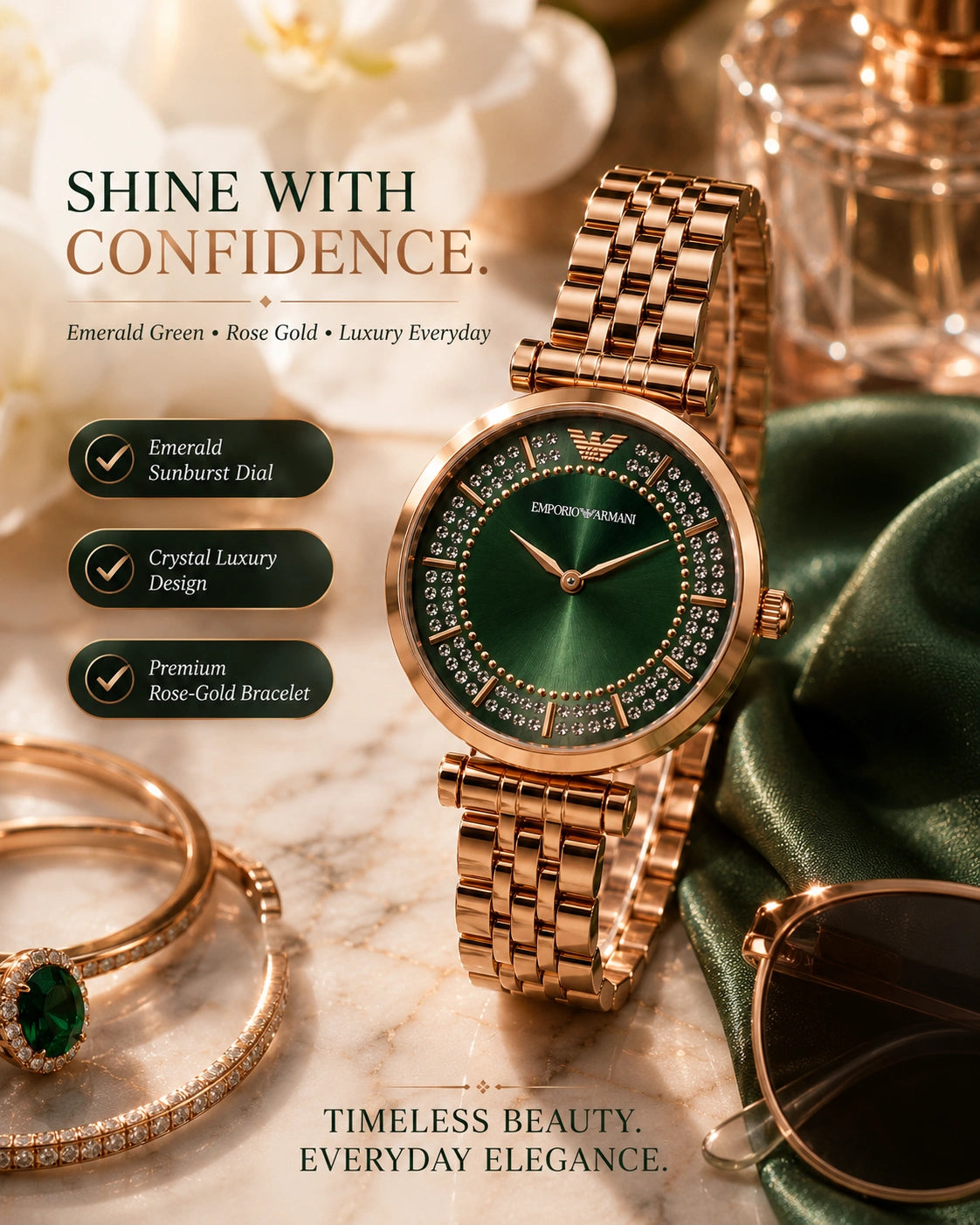 Emporio Armani Emerald Luxe Women's Watch | Rose Gold Crystal Analog Watch | Premium Bracelet Watch
