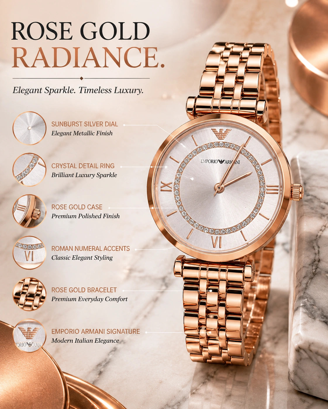 Emporio Armani Rose Gold Elegance Women's Watch | Crystal Silver Dial Analog Watch | Premium Bracelet Watch
