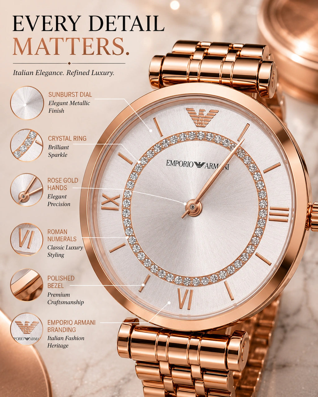Emporio Armani Rose Gold Elegance Women's Watch | Crystal Silver Dial Analog Watch | Premium Bracelet Watch