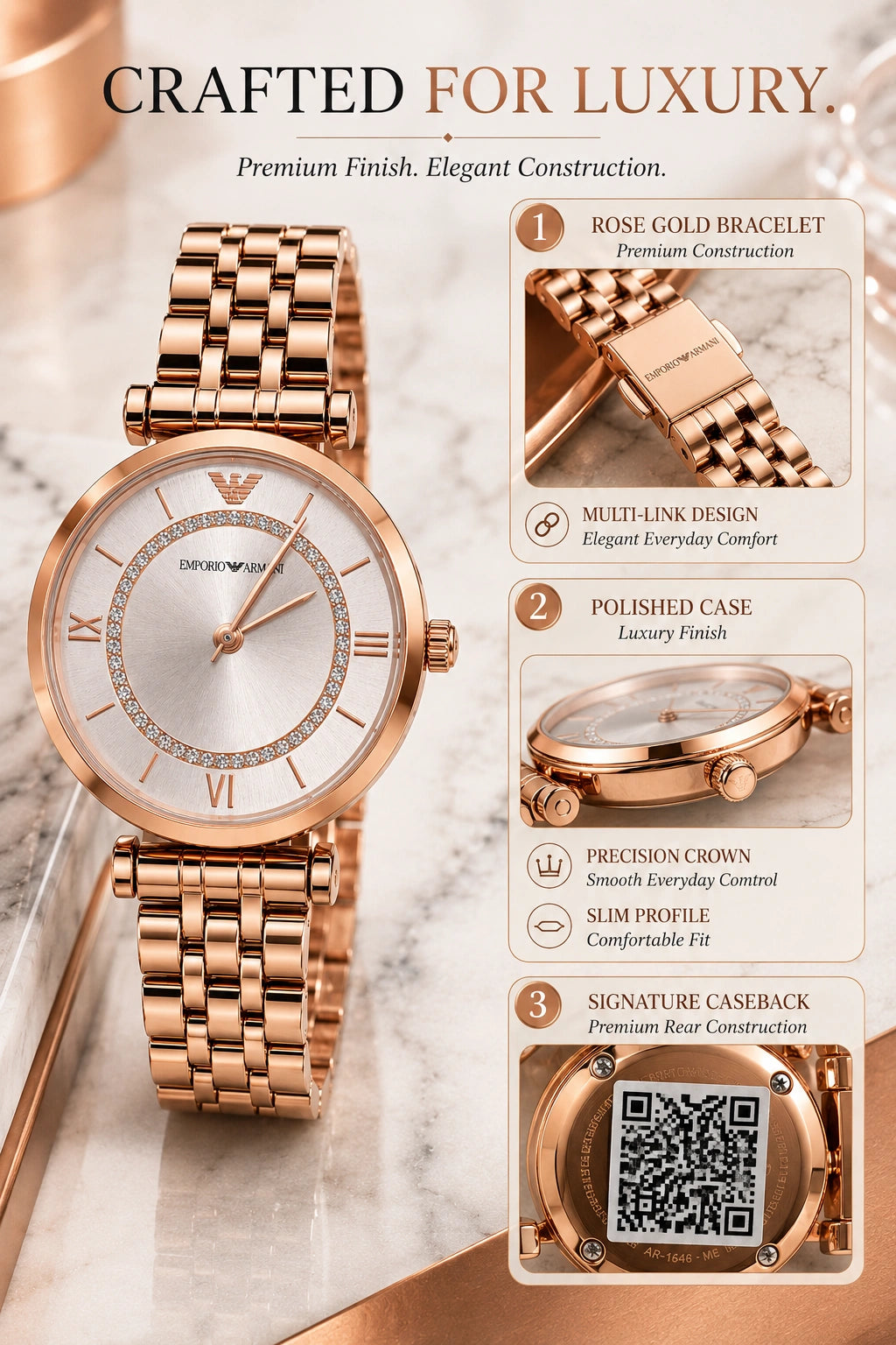 Emporio Armani Rose Gold Elegance Women's Watch | Crystal Silver Dial Analog Watch | Premium Bracelet Watch