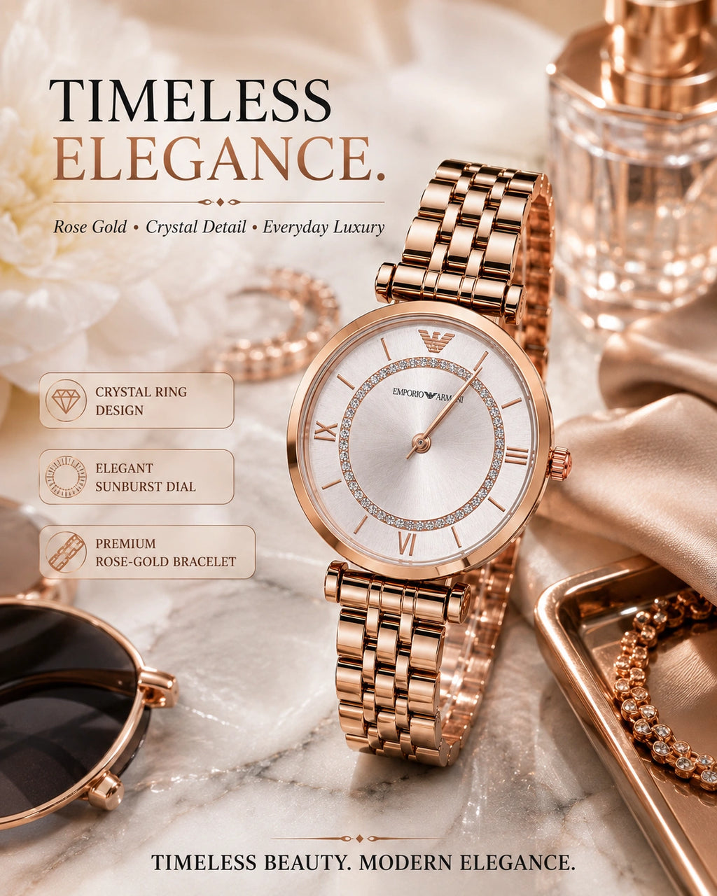 Emporio Armani Rose Gold Elegance Women's Watch | Crystal Silver Dial Analog Watch | Premium Bracelet Watch